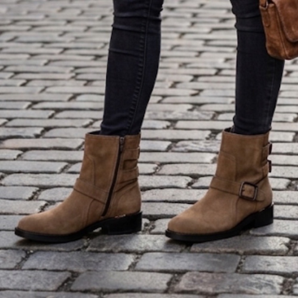 Franco Sarto Women Tan Suede Moto Ankle Boots Triple Buckle Side Zip US 5.5M